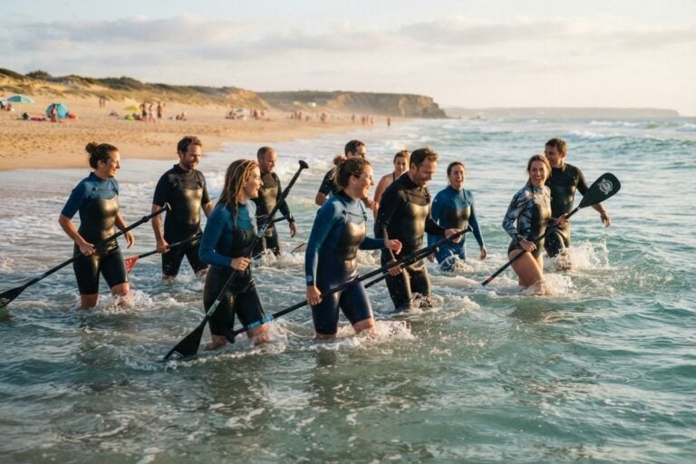 Un groupe de marcheurs en combinaison néoprène progresse dans l'eau avec des pagaies, le long d'une plage