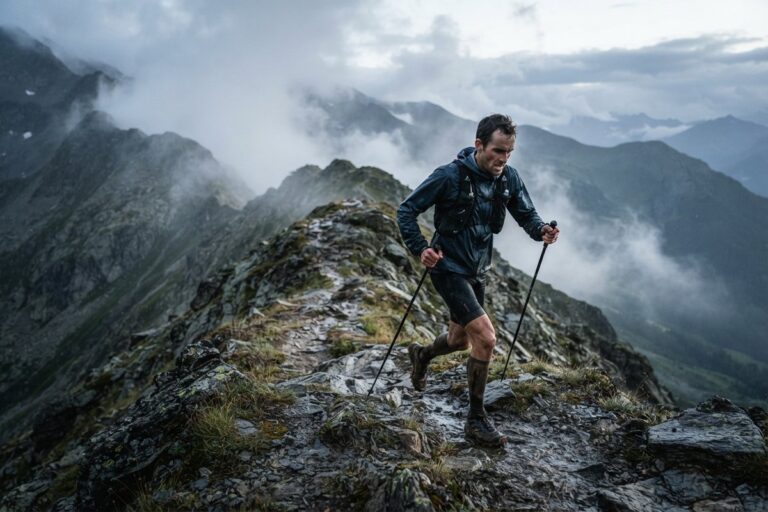Un traileur en veste sombre gravit une crête rocheuse humide, bâtons en main, dans la brume de montagne.