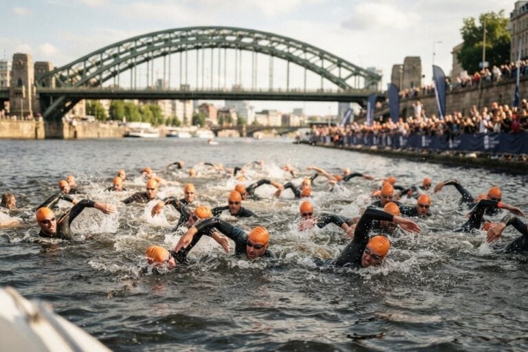 Un peloton de nageurs en eau libre progresse dans un fleuve urbain, sous un pont métallique bordé de spectateurs