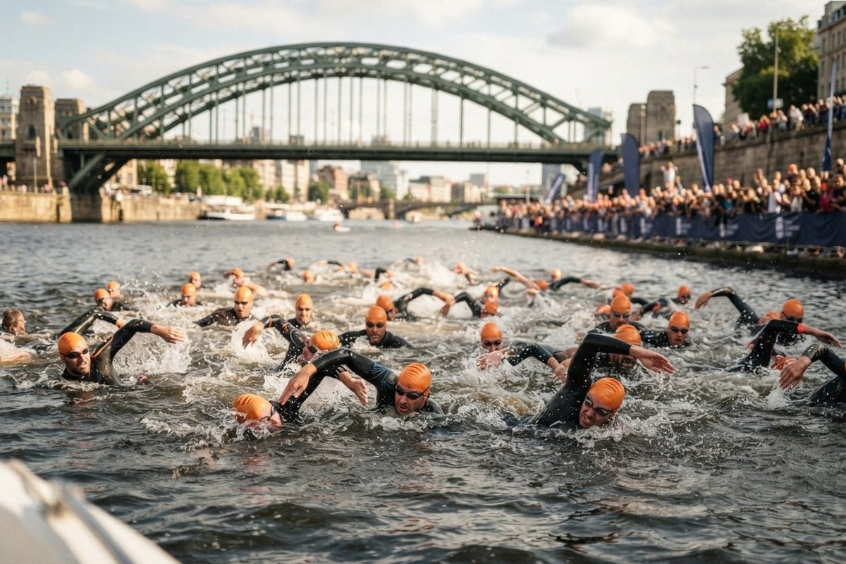 Un peloton de nageurs en eau libre progresse dans un fleuve urbain, sous un pont métallique bordé de spectateurs