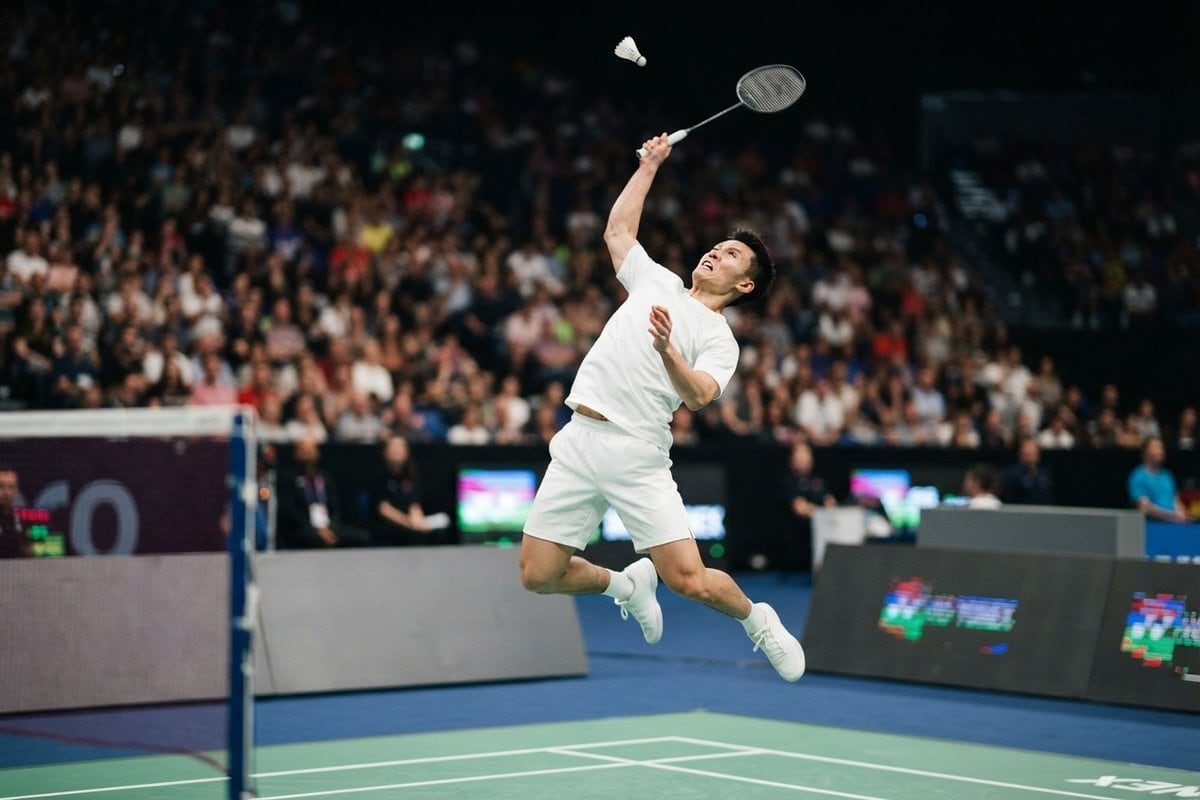 Un joueur de badminton en suspension au moment du smash, raquette au-dessus de la tête, devant un public dense