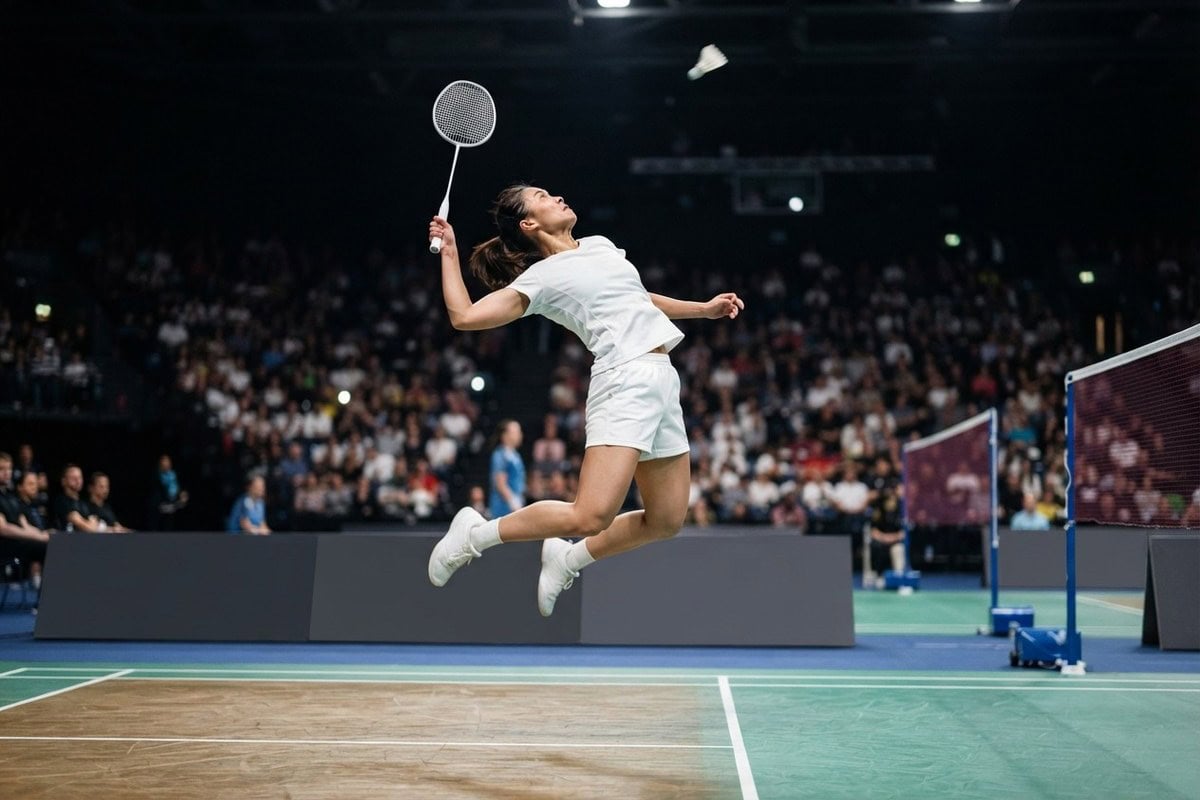 Joueuse de badminton en tenue blanche, en suspension pour un smash, raquette levée face au volant dans une salle comble