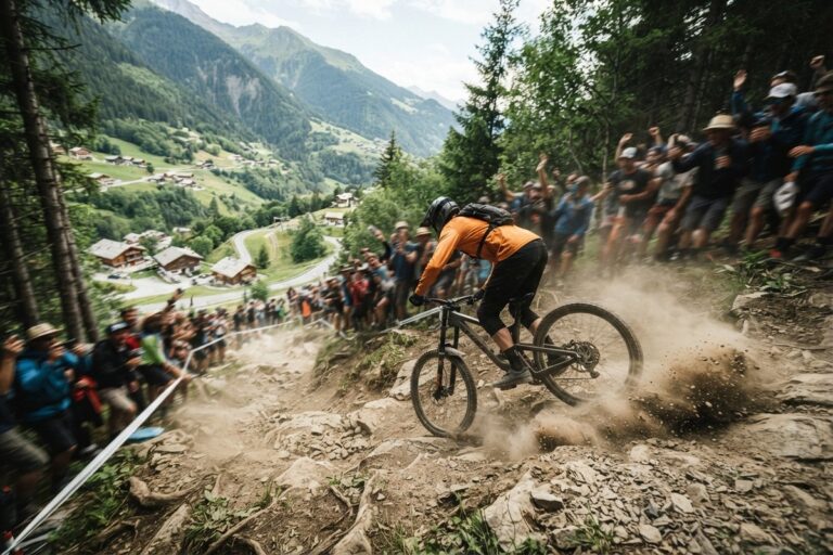 Un vététiste en descente soulève la poussière sur une piste caillouteuse, encadré par un public nombreux