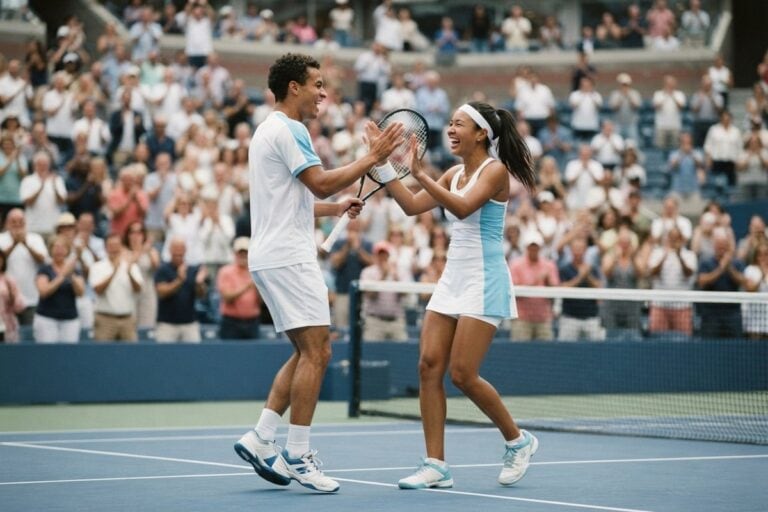 Un joueur et une joueuse de tennis se tapent dans la main au filet sur un court dur bleu, devant des tribunes pleines