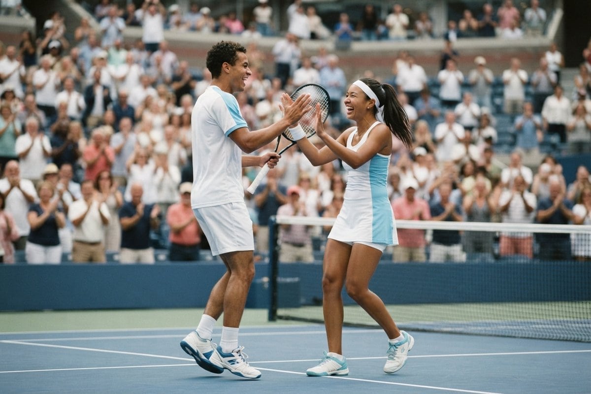 Un joueur et une joueuse de tennis se tapent dans la main au filet sur un court dur bleu, devant des tribunes pleines