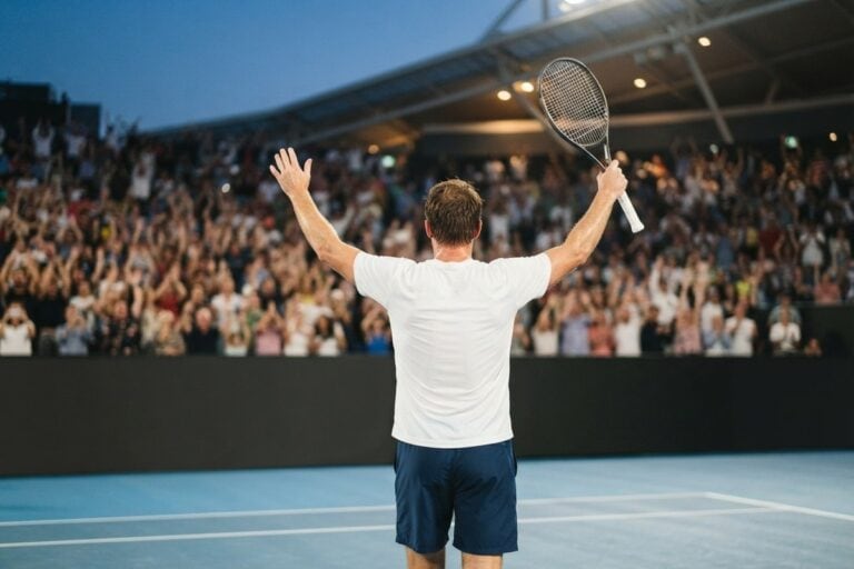 Un joueur de tennis de dos, bras levés et raquette en main, salue un stade plein sur un court en dur bleu