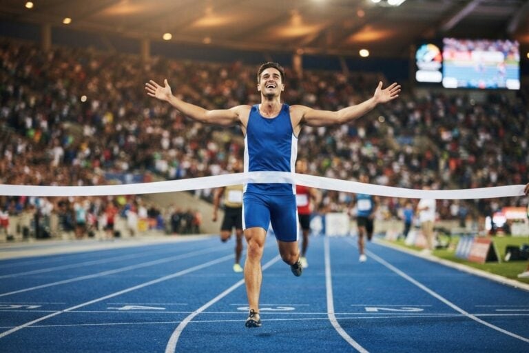 Un athlète en maillot bleu franchit la ligne d'arrivée bras écartés devant un stade plein
