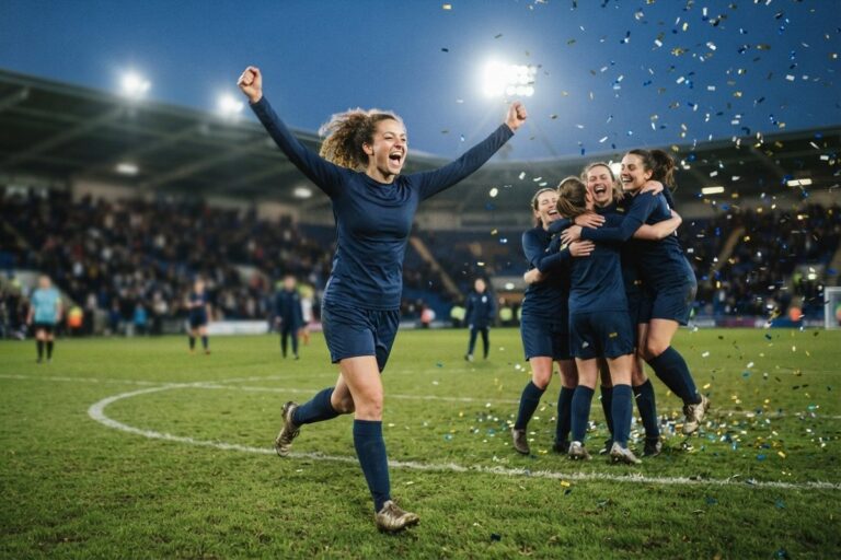 Footballeuses en maillot bleu célébrant sur la pelouse d'un stade sous les confettis, bras levés