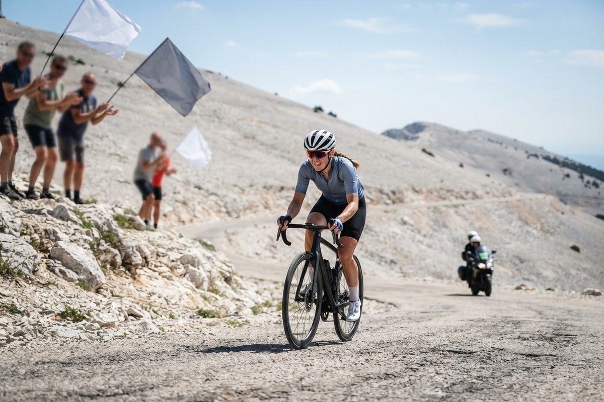 Une cycliste seule en pleine ascension sur une route de montagne calcaire, encouragée par des spectateurs