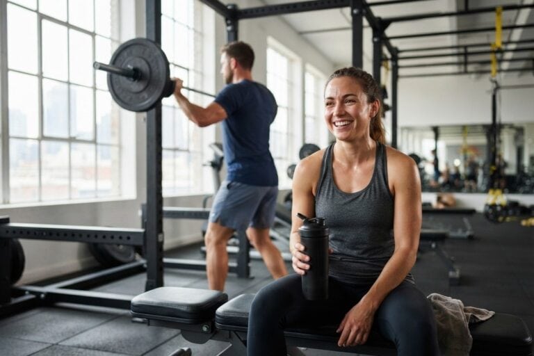 Une sportive assise sur un banc de musculation tient un shaker noir, un homme range une barre en arrière-plan