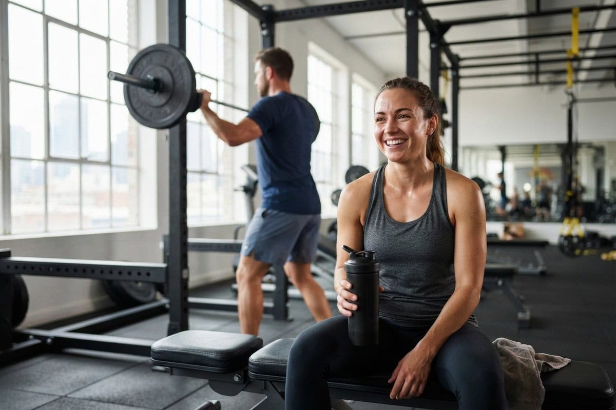 Une sportive assise sur un banc de musculation tient un shaker noir, un homme range une barre en arrière-plan