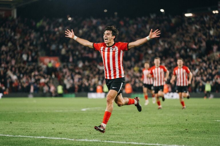Un jeune footballeur en maillot rayé rouge et blanc célèbre un but, bras écartés, devant des tribunes pleines.