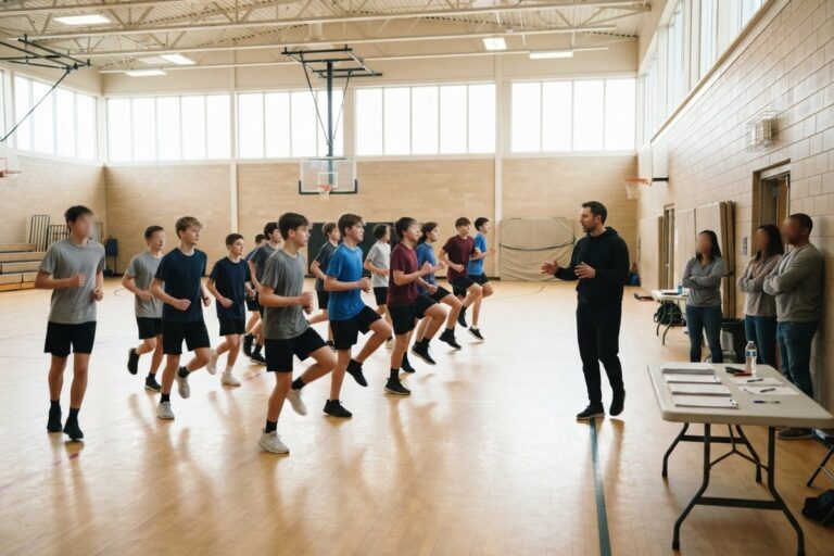 Des adolescents s'échauffent en courant dans un gymnase, devant un éducateur et une table d'inscription