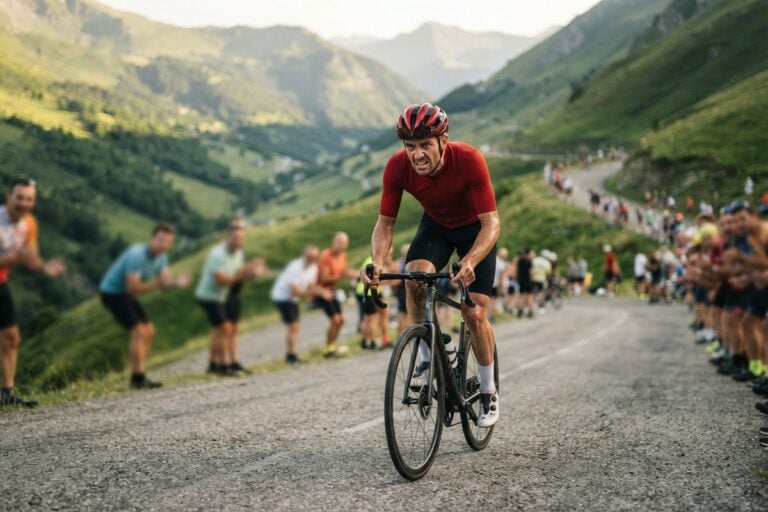 Un cycliste en maillot rouge grimpe seul un col de montagne entre deux haies de spectateurs