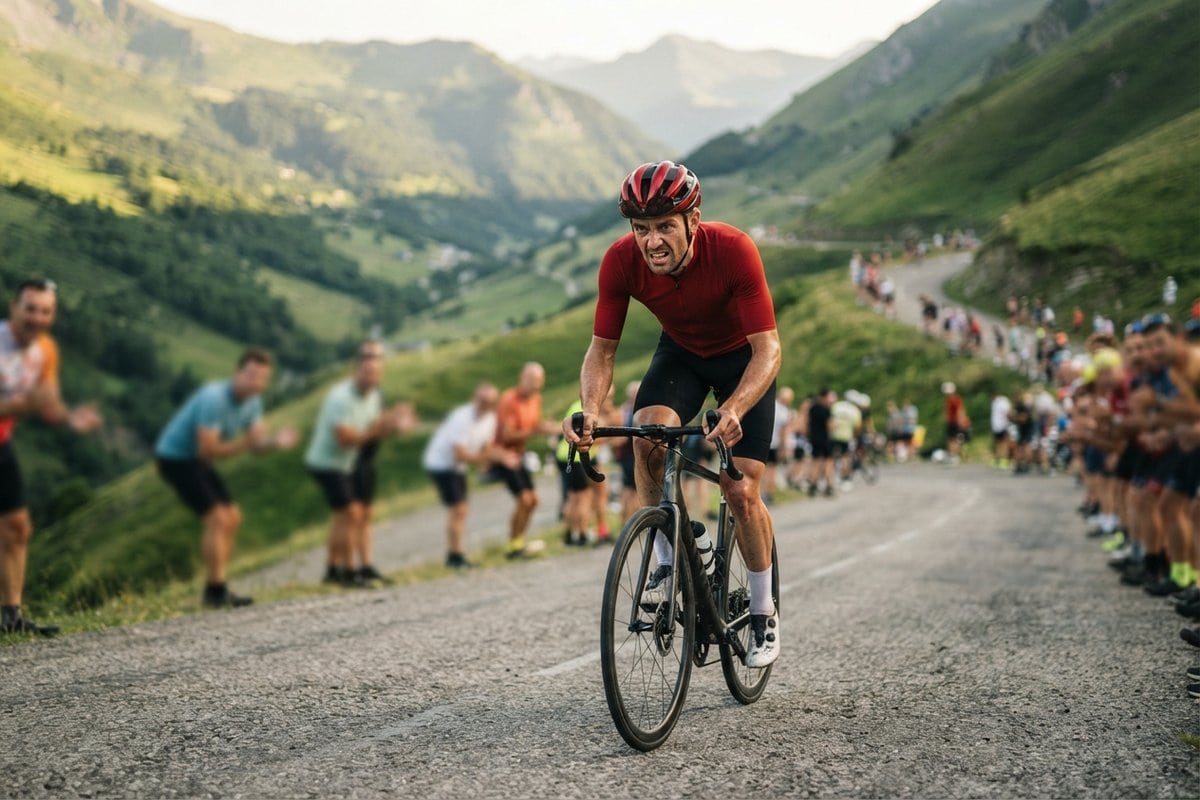 Un cycliste en maillot rouge grimpe seul un col de montagne entre deux haies de spectateurs