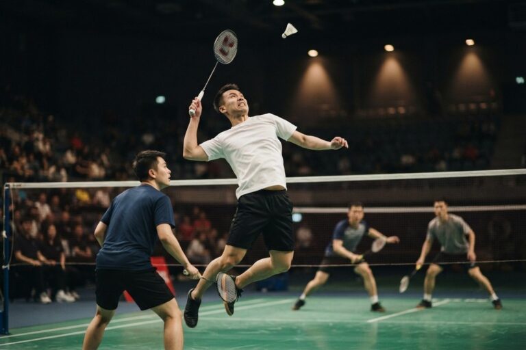 Joueur de badminton en suspension au smash lors d'un double, volant en l'air au-dessus du filet