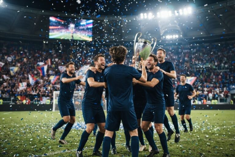 Des footballeurs en maillot bleu marine soulèvent un trophée sous les confettis dans un stade illuminé