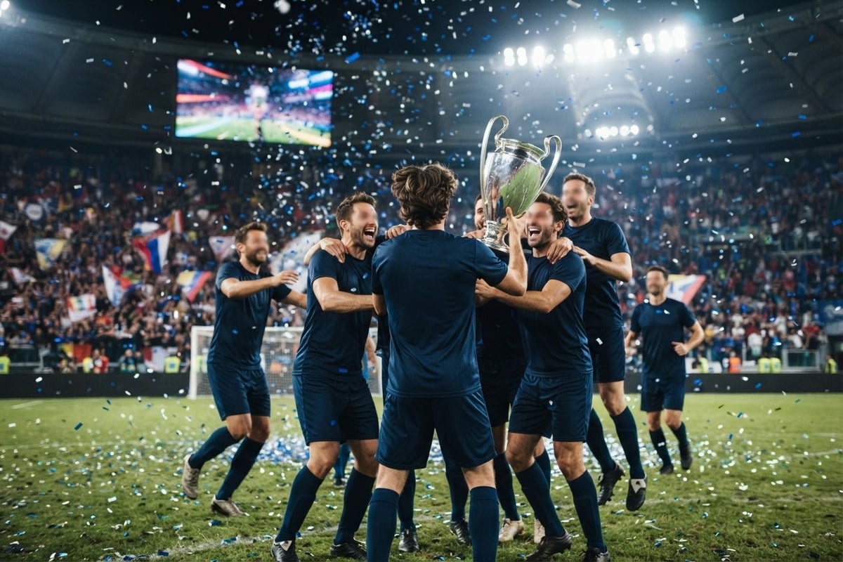 Des footballeurs en maillot bleu marine soulèvent un trophée sous les confettis dans un stade illuminé