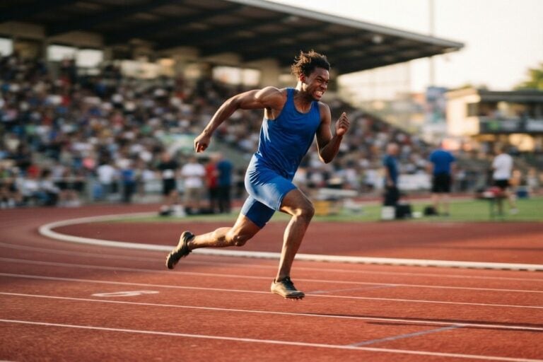 Un sprinteur en tenue bleue lancé à pleine vitesse dans le virage d'une piste d'athlétisme, tribunes floues