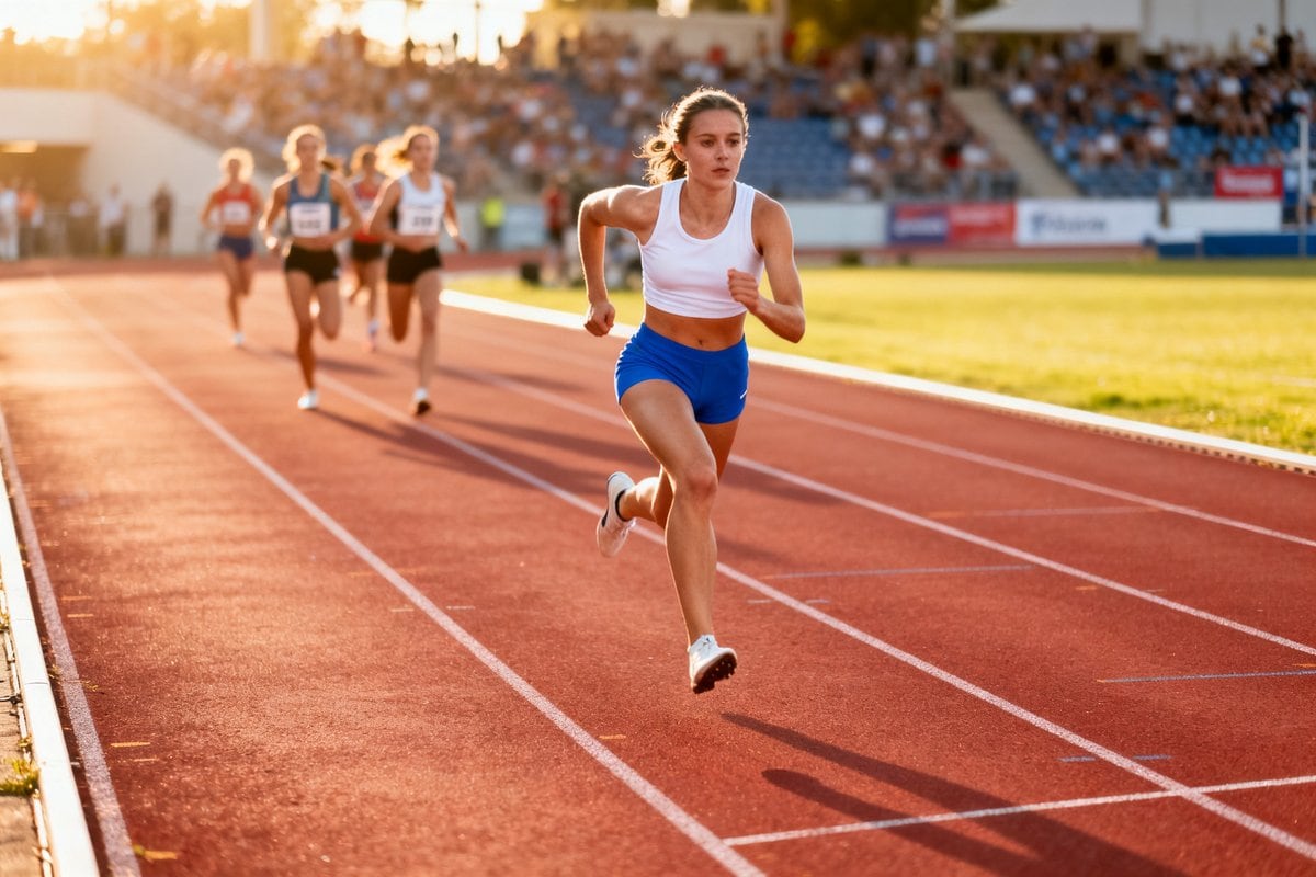 Une athlète en tête dans la ligne droite d'une piste d'athlétisme, ses poursuivantes à distance
