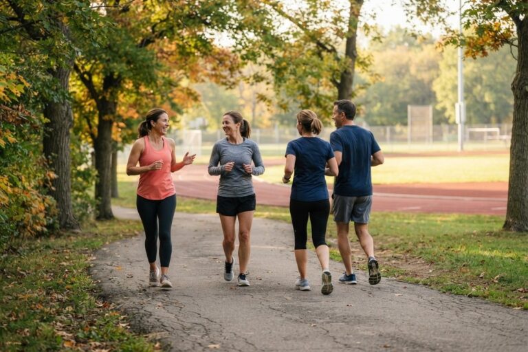 Quatre coureurs amateurs trottent ensemble sur un chemin de parc, une piste d'athlétisme en arrière-plan