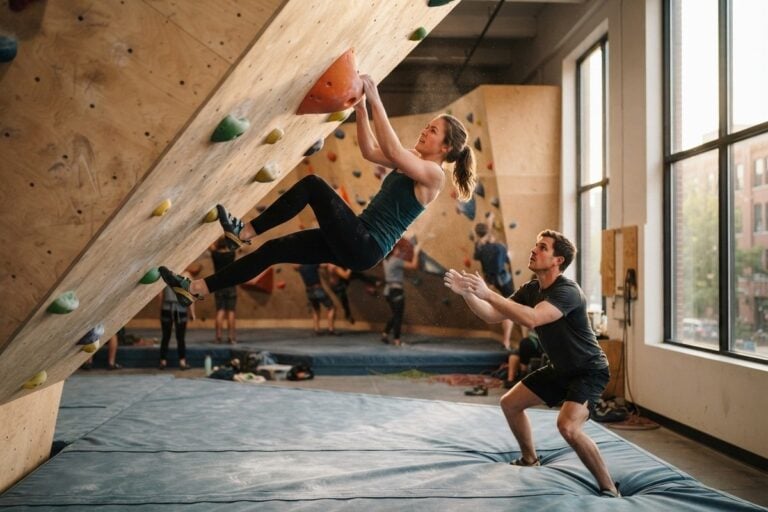 Grimpeuse suspendue à une prise sur un mur de bloc en dévers, pareur accroupi sur le tapis en contrebas