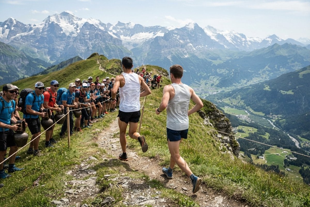 Deux coureurs de montagne sur une crête alpine longée par des spectateurs agitant des cloches, sommets enneigés