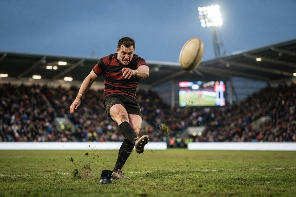 Rugbyman en maillot rouge et noir frappant un coup de pied placé dans un stade éclairé