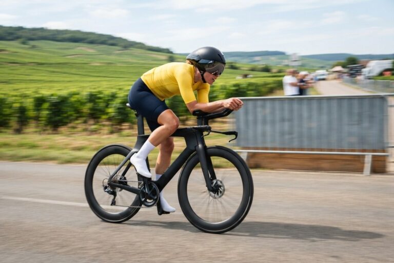 Cycliste en maillot jaune lancée en position de contre-la-montre sur une route bordée de vignes
