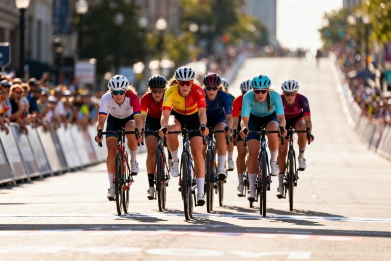 Un groupe de cyclistes féminines sprinte vers la ligne d'arrivée sur une large avenue bordée de spectateurs