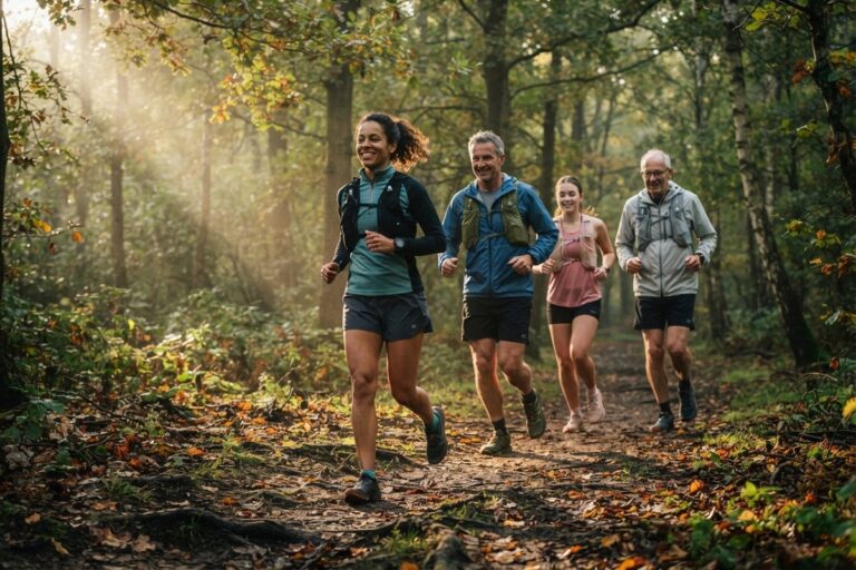 Quatre traileurs amateurs, hommes et femmes, courent sur un sentier forestier, une femme en tête du groupe.