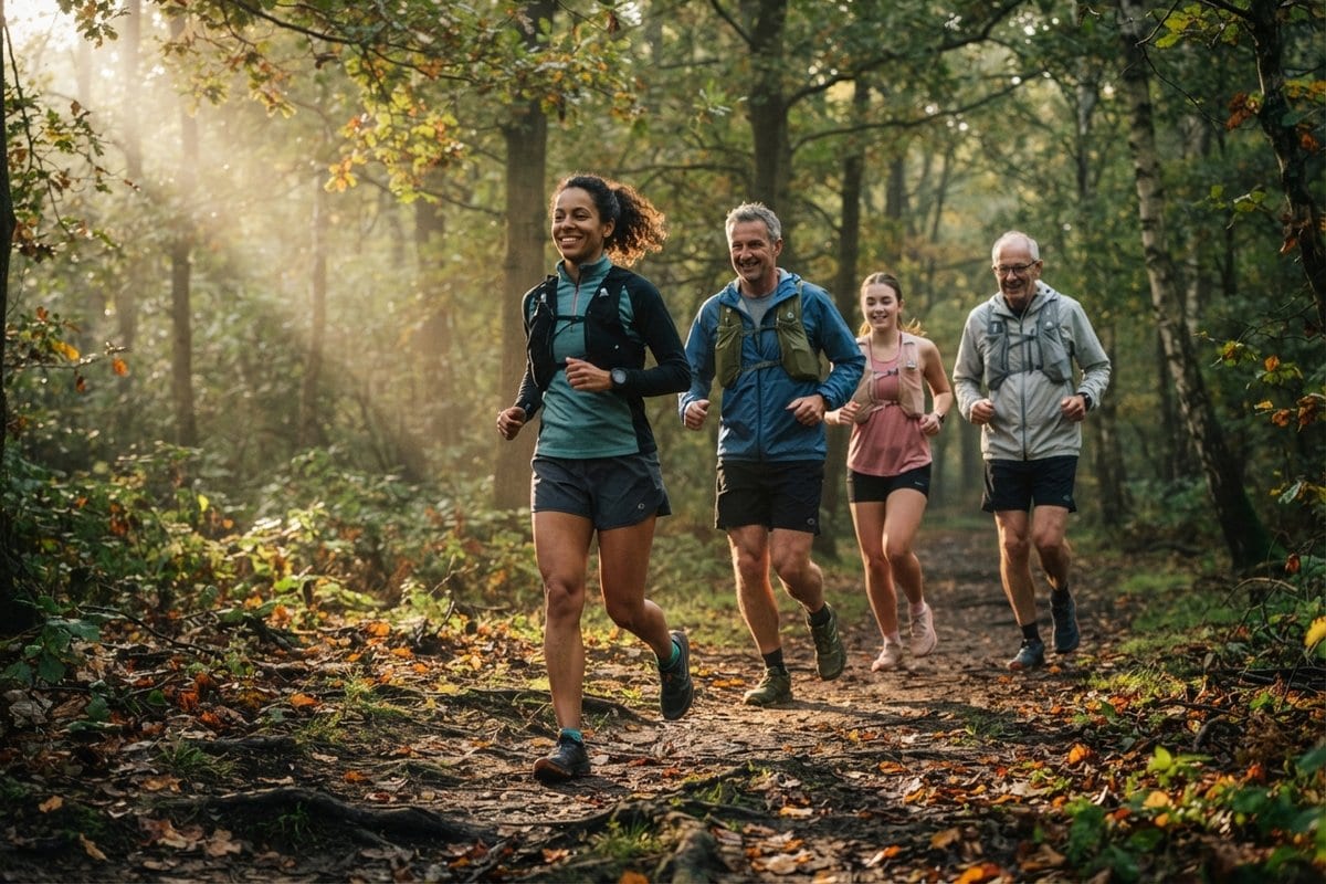 Quatre traileurs amateurs, hommes et femmes, courent sur un sentier forestier, une femme en tête du groupe.