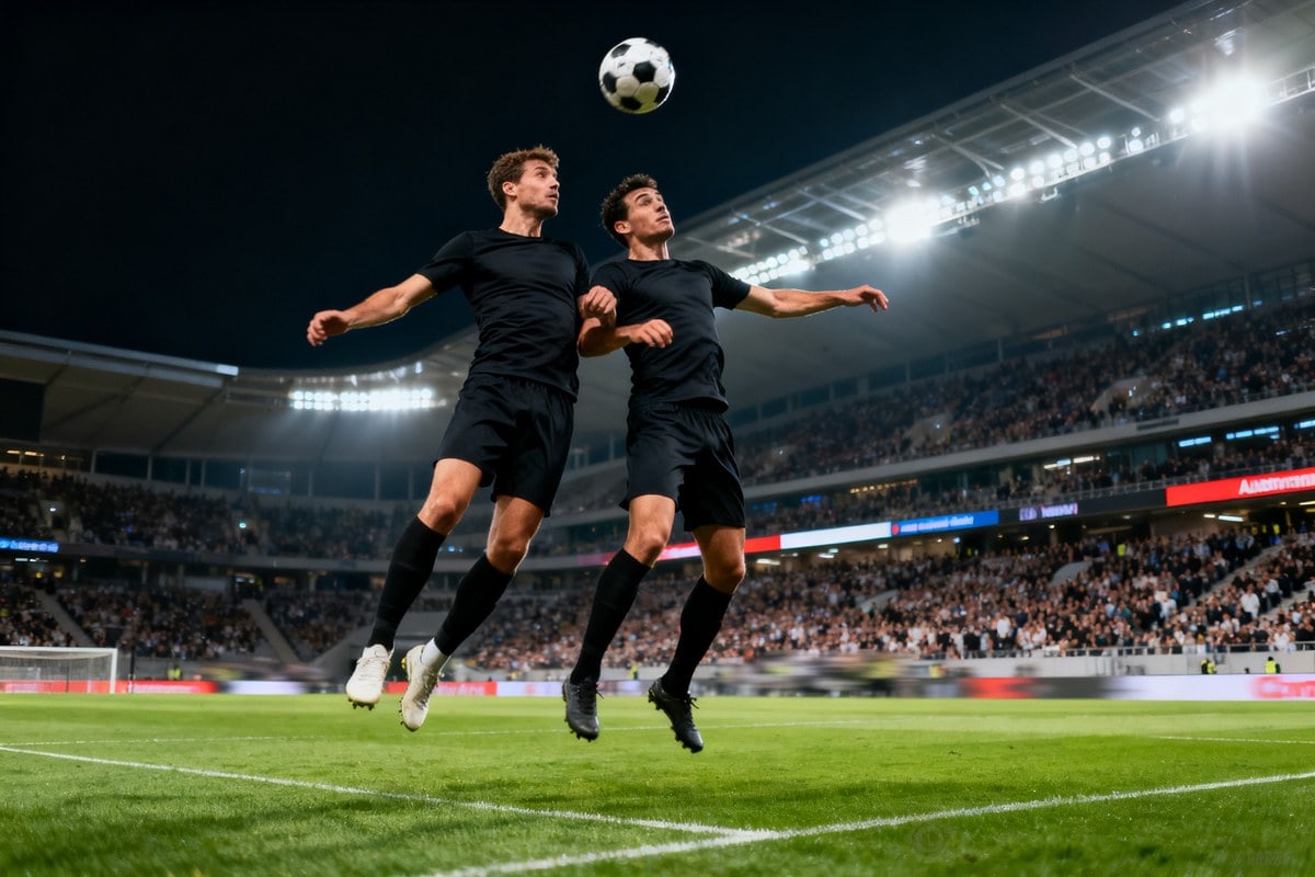Deux footballeurs s'élèvent pour disputer un ballon de tête dans un stade plein éclairé la nuit