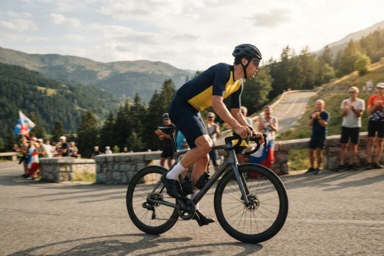 Cycliste en maillot bleu marine et jaune en danseuse sur une route de montagne, spectateurs au bord de la chaussée