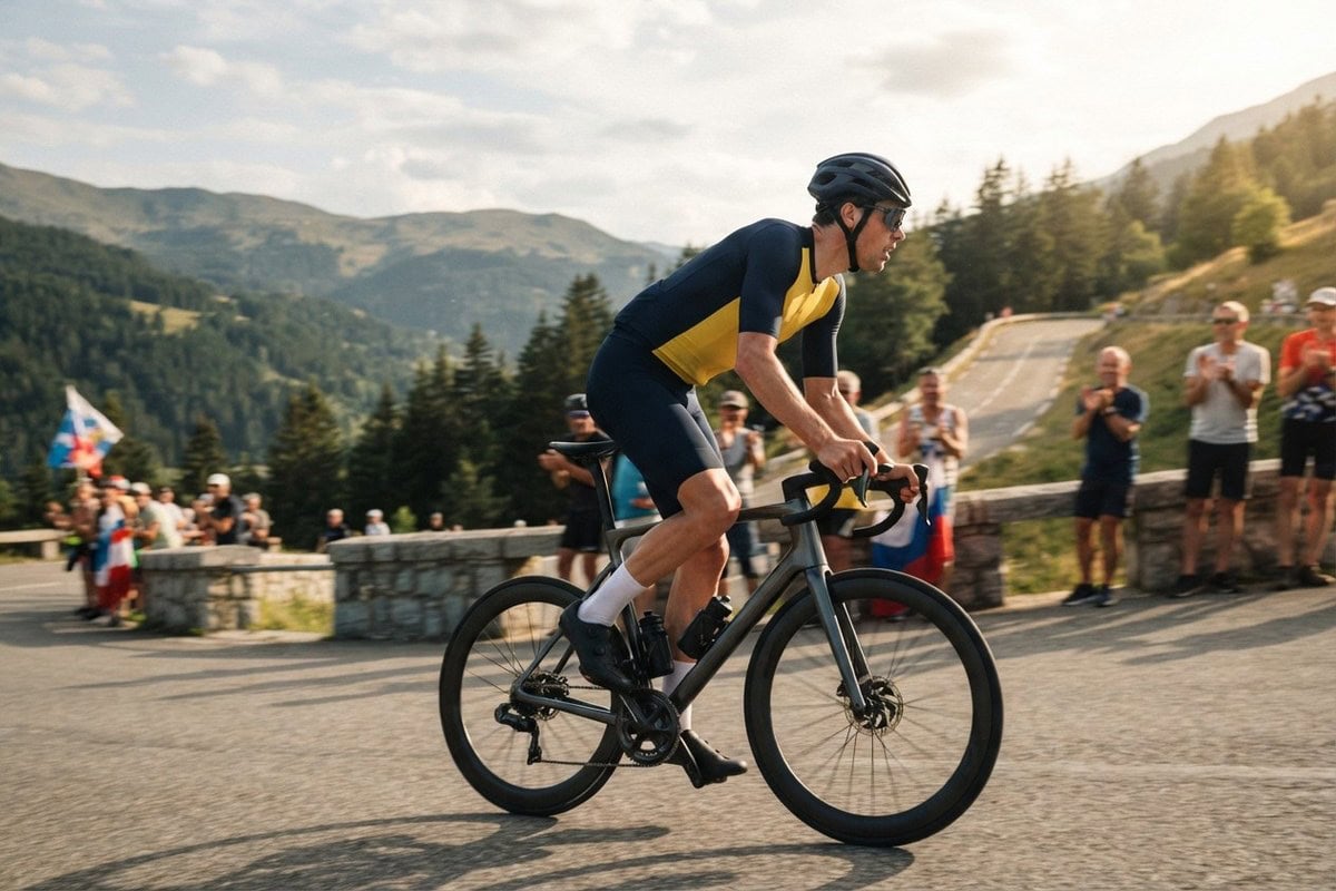 Cycliste en maillot bleu marine et jaune en danseuse sur une route de montagne, spectateurs au bord de la chaussée