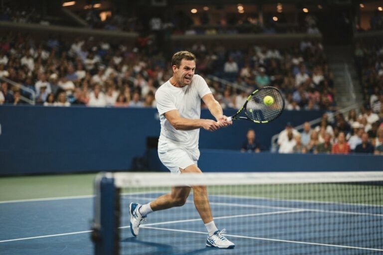 Un joueur de tennis en blanc frappe un revers à deux mains sur un court en dur bleu, devant des tribunes pleines.