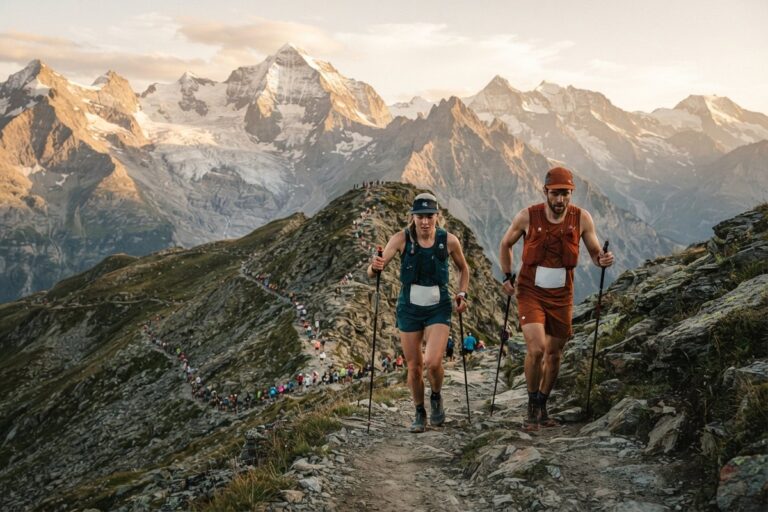 Deux traileurs montent une crête rocheuse au lever du jour, une longue file de coureurs derrière eux
