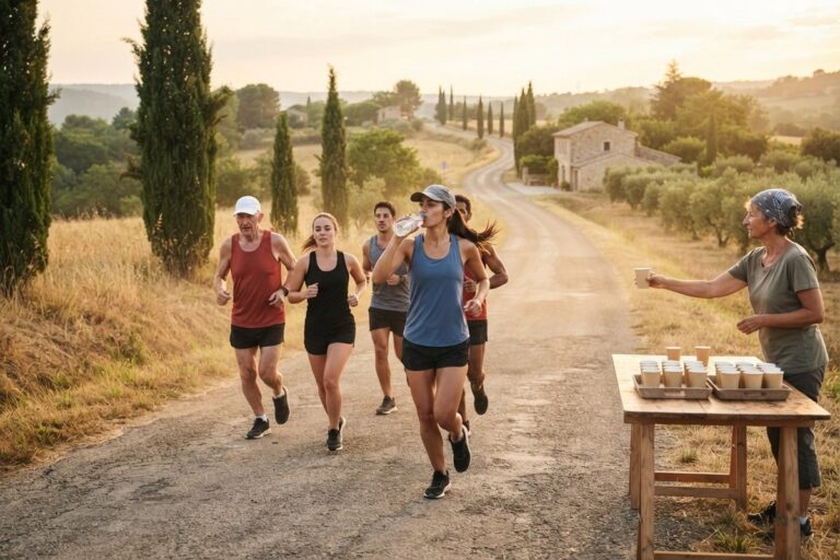 Groupe de coureurs amateurs sur une route de campagne, l'une buvant, une bénévole tend un gobelet