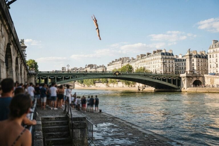 Un plongeur en vol au-dessus de la Seine devant un pont métallique, spectateurs massés sur le quai