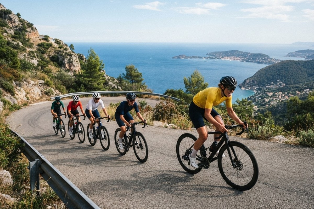 Cinq cyclistes féminines dans un virage en montée au-dessus de la mer, la première en maillot jaune