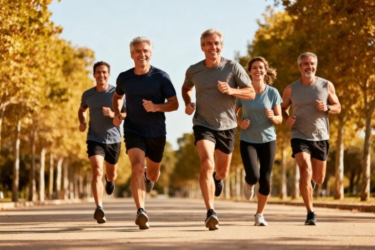 Cinq coureurs et coureuses d'âge mûr courent côte à côte sur une allée bordée d'arbres