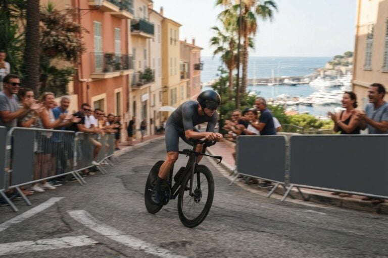 Cycliste en position de contre-la-montre dans une rue en pente au-dessus d'un port méditerranéen