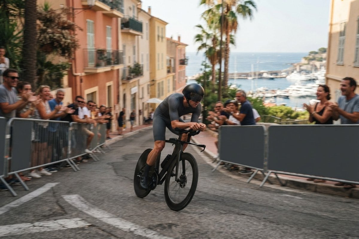 Cycliste en position de contre-la-montre dans une rue en pente au-dessus d'un port méditerranéen