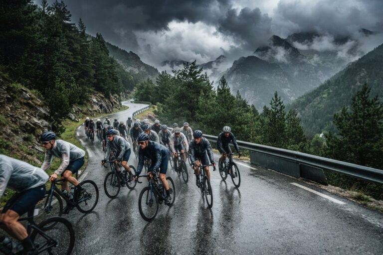 Un peloton de cyclistes en capes de pluie grimpe une route de montagne mouillée sous un ciel d'orage.