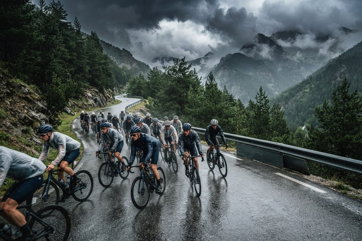 Un peloton de cyclistes en capes de pluie grimpe une route de montagne mouillée sous un ciel d'orage.