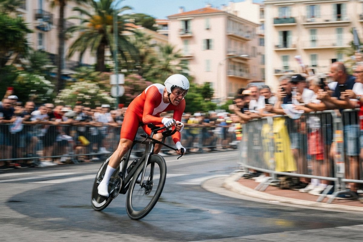 Cycliste en position de contre-la-montre dans un virage de rue méditerranéenne bordée de spectateurs