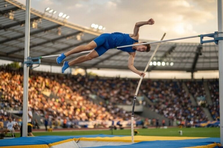 Un perchiste en tenue bleue franchit la barre au-dessus du tapis, dans un stade d'athlétisme plein