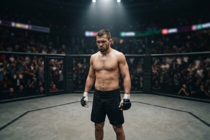 Un combattant de MMA torse nu, gants et bandages aux mains, se tient seul au centre d'une cage octogonale