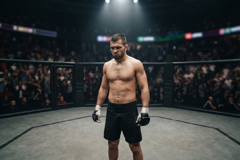 Un combattant de MMA torse nu, gants et bandages aux mains, se tient seul au centre d'une cage octogonale