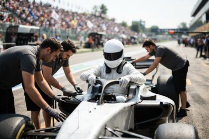 Un pilote casqué assis dans le cockpit d'une monoplace blanche pendant que trois mécaniciens s'affairent autour